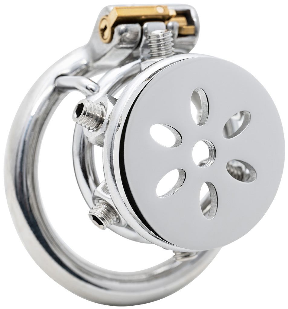 JTS S232 stainless steel chastity cock cage with adjustable screws and a circular back ring.