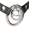 JTS S236 metal chastity device with a circular ring and adjustable waist strap.