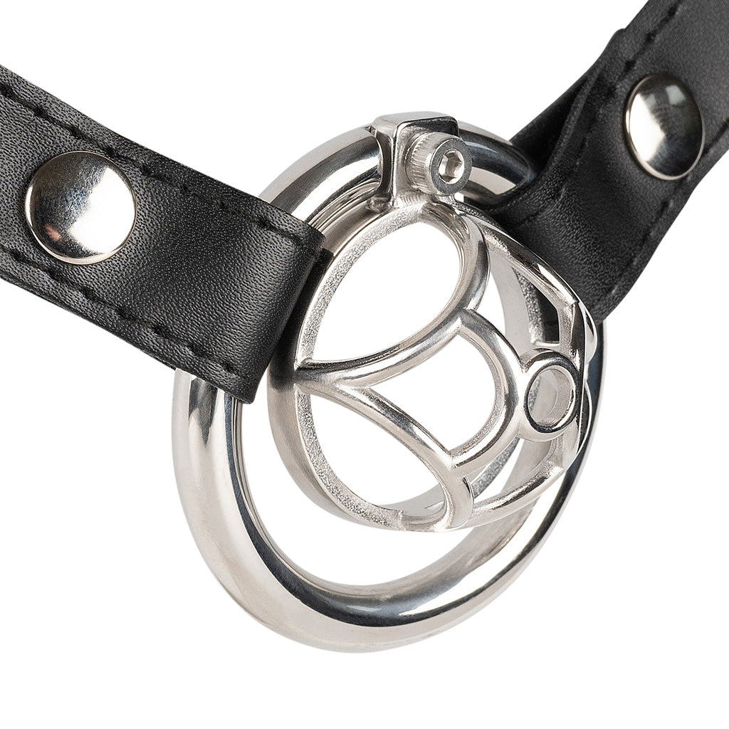 JTS S237 metal chastity device with a circular ring and an adjustable waist strap.