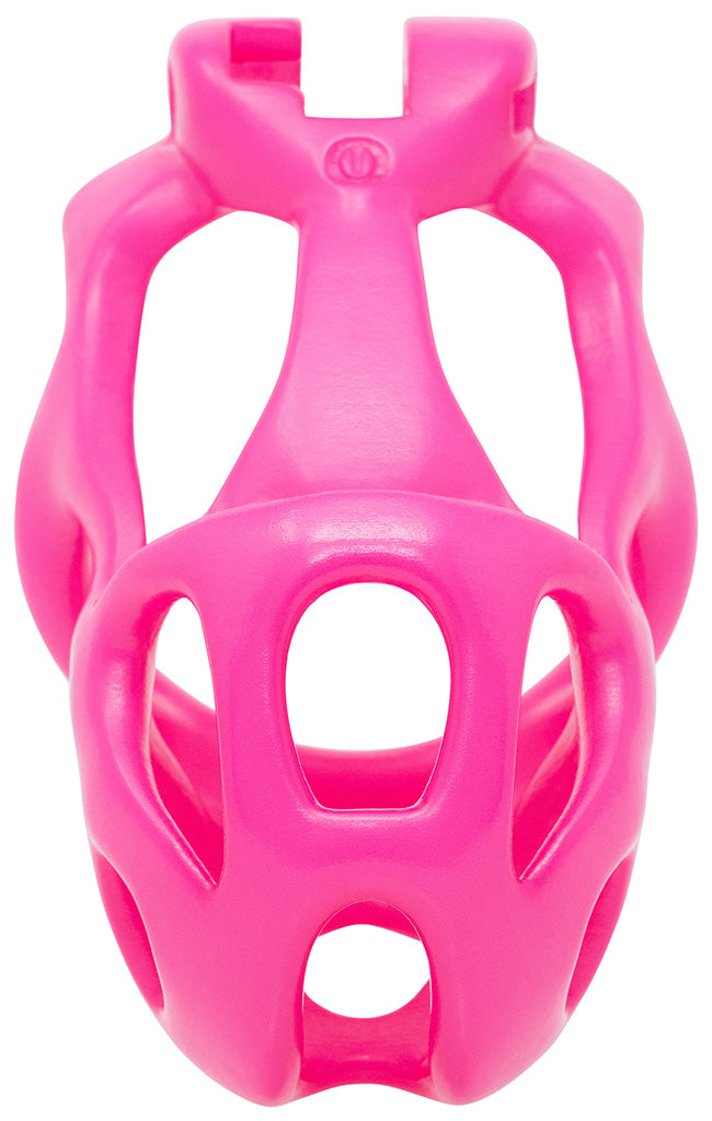 The front of a pink Hera barrel lock cage in medium size.