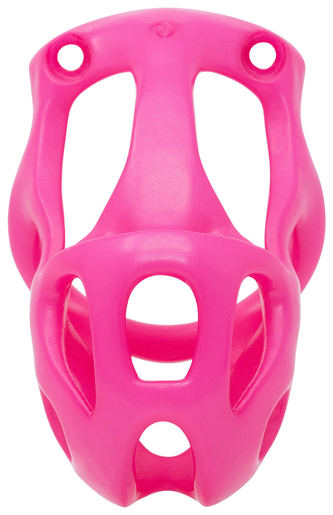 The front of a pink Hera hexlock cage in medium size.