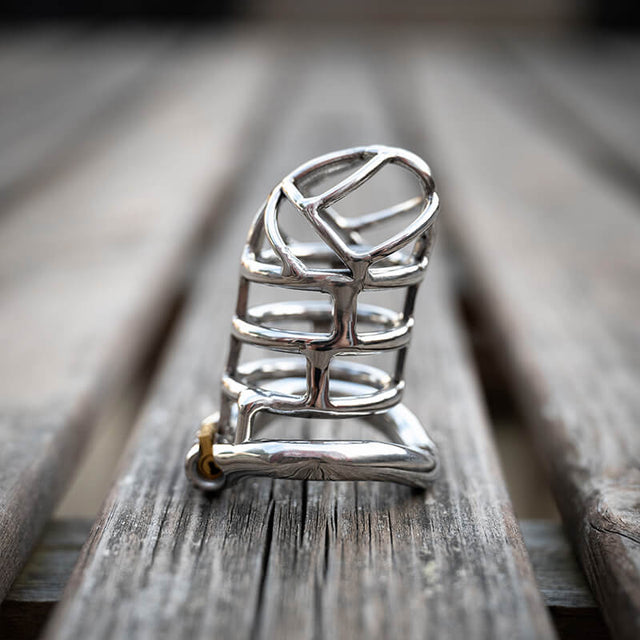 Stainless steel S106 chastity cage on a wooden table.