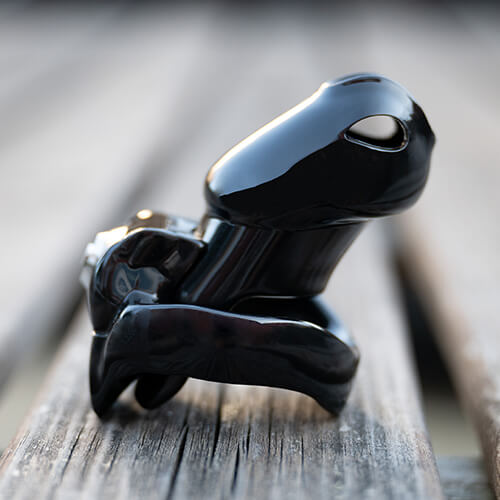 Black standard size Holy Trainer V5 chastity cage sitting upright on a wooden table.