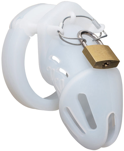 Clear HoD601S small silicone chastity cage with a padlock.