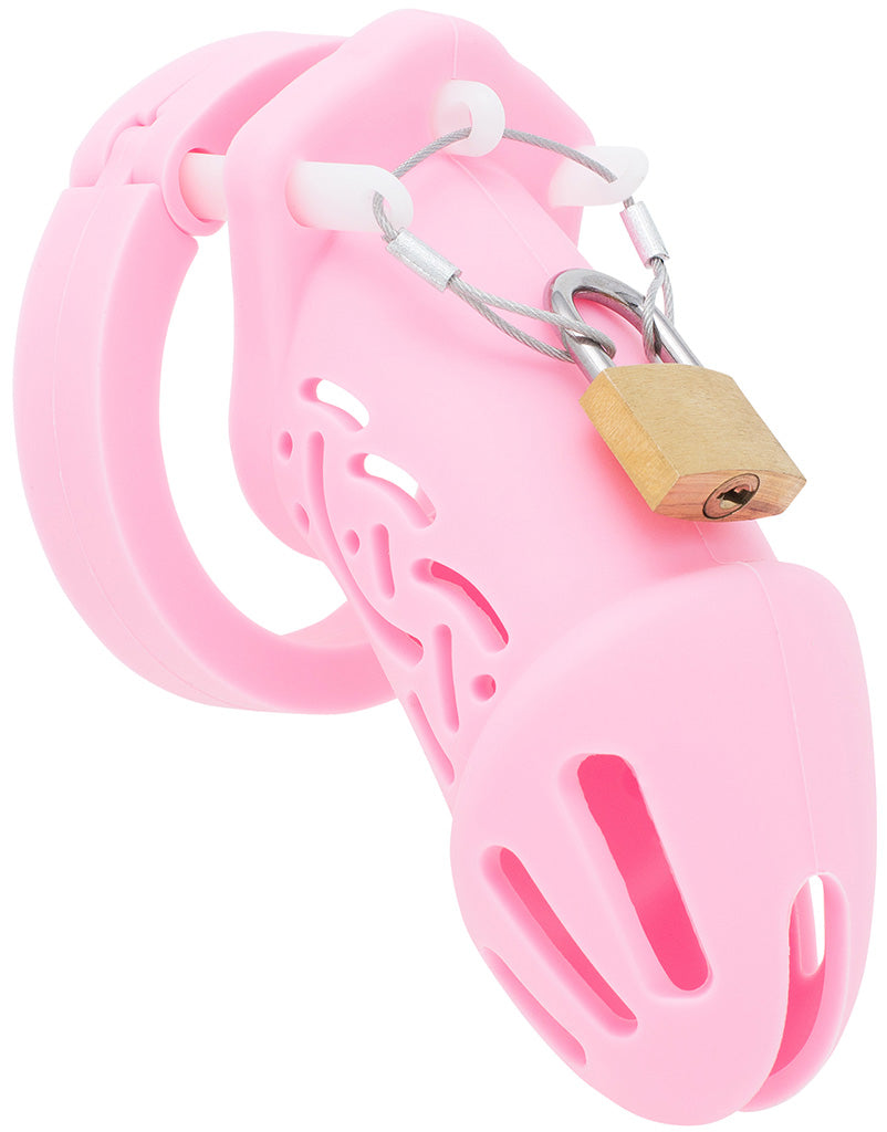 Pink HoD601 silicone chastity cage with a padlock.